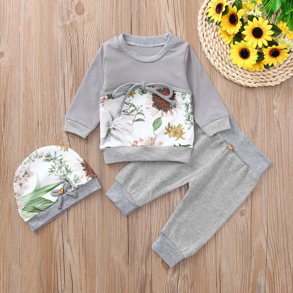

children clothing set Floral Print Tops Full sleeve O-Neck T-shirt Pants Hat Outfits Set Boys Girls clothes for teenagers