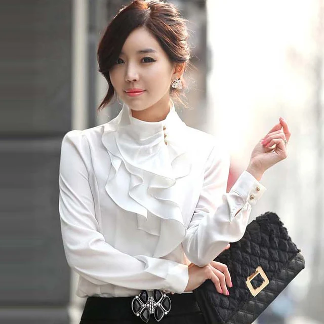 New Women Victorian Ruffle Collar Shirt Puff Sleeve Silky