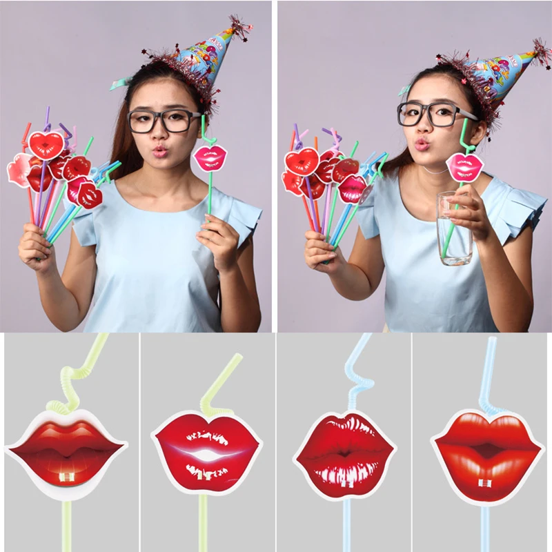 12pcs Lips Plastic Drinking Straws Food Grade Christmas Decorative