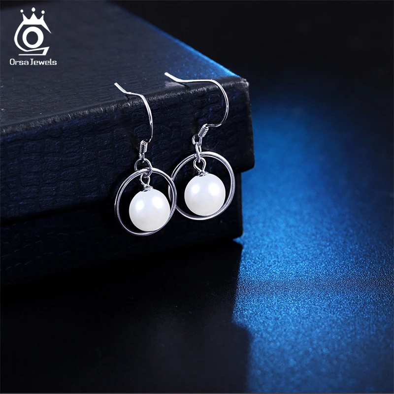 

ORSA JEWELS 925 Sterling Silver Drop Earrings For Women Top Quality Simulated Pearl Dangle Earring Female 925 Jewelry OPSE12