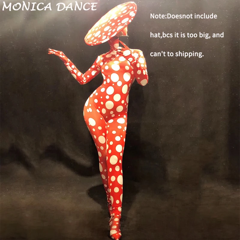 

Women Lady Sexy Stage Dance Wear Red Dj Gogo Jumpsuit 3D Printed White Big Dot Bodysuit Party Celebrate Show Dancer Costumes