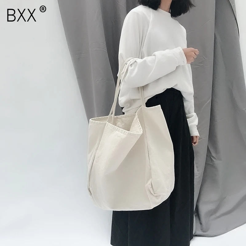 

[BXX] Women Solid Canvas Shoulder Bags Environmental Shopping Bag Tote Package Crossbody Bags Purses Casual Ladies Handbag HE296