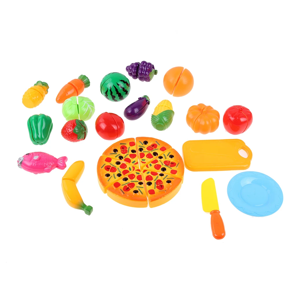 24pcs Simulation Foods Set Fruit Vegetable Pizza Kids Kitchen Pretend Play Toys For Children Cutting