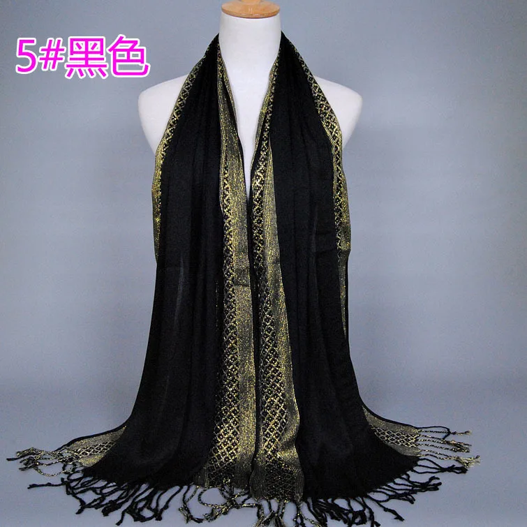 Модный золотой Шелковый платок на голову, женский длинный большой кисточка, многоцветный, мигающий, кашне в мусульманском стиле, хиджаб, шаль - Цвет: 5