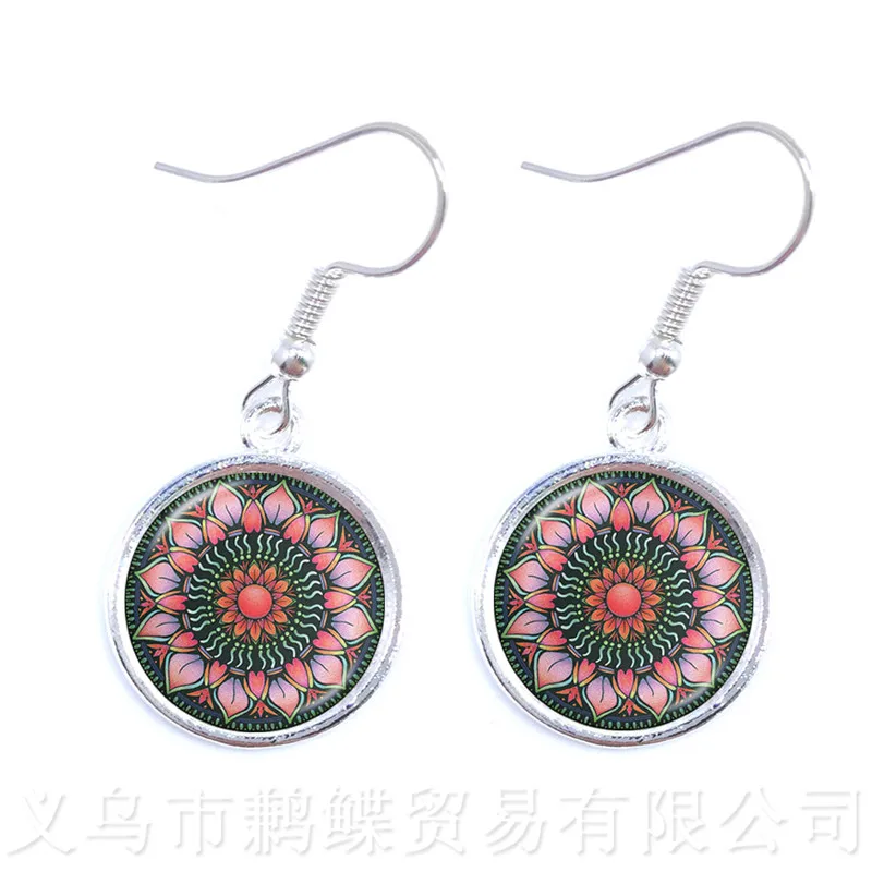 

Mandala Datura Flower Time Gem Cabochon Earrings Handmade Summer Drop Earrings Sacred Geometry Jewelry Art Glass Pendant
