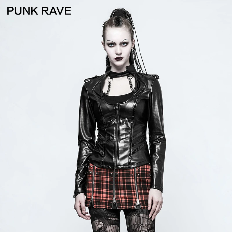 PUNK RAVE Military Punk Uniform Long Sleeve Women Sexy Leather Black