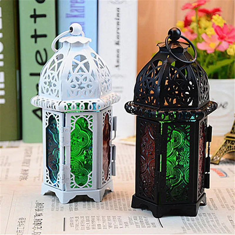

Vintage Metal Hollow Candle Holder Color Glass Crystal Moroccan Candlestick Hanging Lantern Wedding Party Home Decor