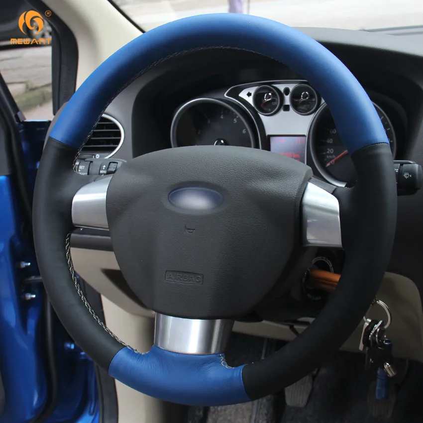 MEWANT черная синяя крышка рулевого колеса автомобиля из натуральной кожи для Ford Focus 2 2005-2011(3 Спицы) аксессуары для интерьера части