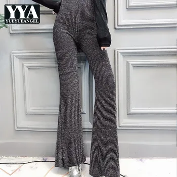 

2019 Spring New Women High Waist Sequin Slim Flare Pants Fashion Solid Sexy Female Trousers Streetwear Office Lady Work Pants