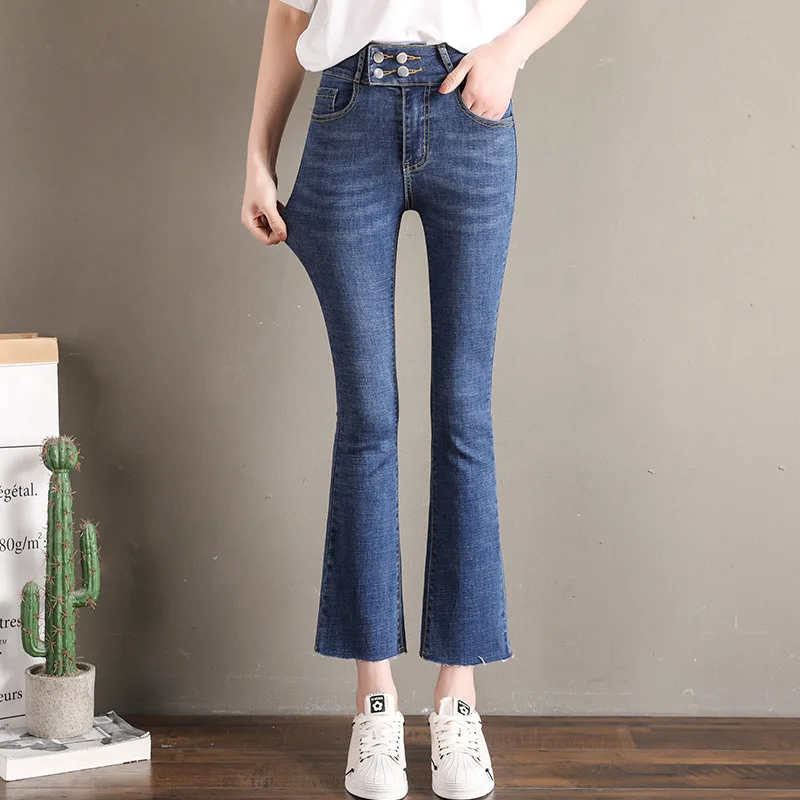 Denim Jeans Women Skinny Stretch High Waist Casual Scratched Bleached Wide Leg Pants Slim Button Ankle-Length Female Fashion |