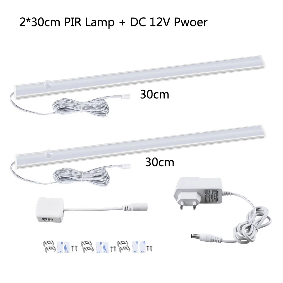 Светодиодный Ночной светильник с датчиком движения PIR, постоянный ток 12 в 30 40 50 см, высокий люмен, светодиодный шкаф, кухонная лампа с инфракрасным датчиком человеческого тела - Испускаемый цвет: 30cm 2 lamps