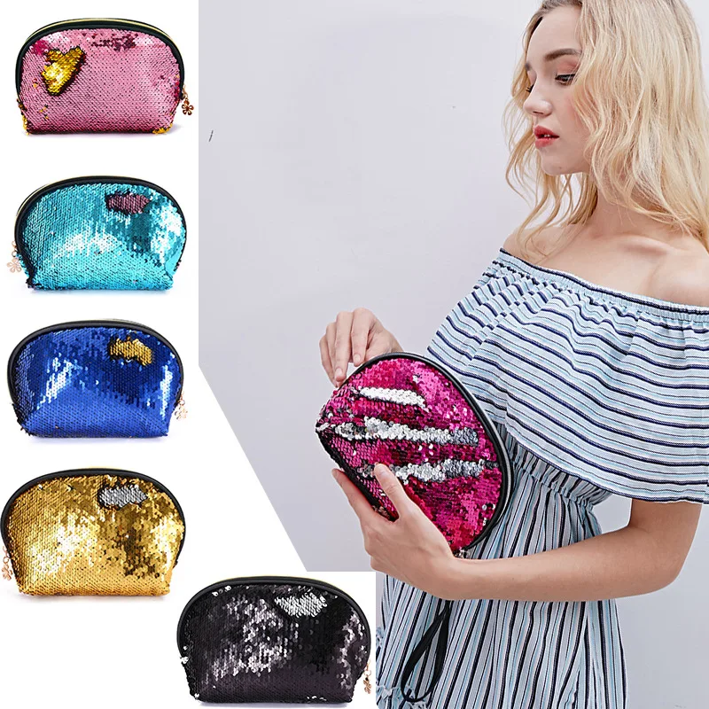 

Fashion Women Bling Sequins Cosmetic Bag Zipper Small Shell Makeup Bag Cases Organizer Travel Toilet Kit Case Pouch