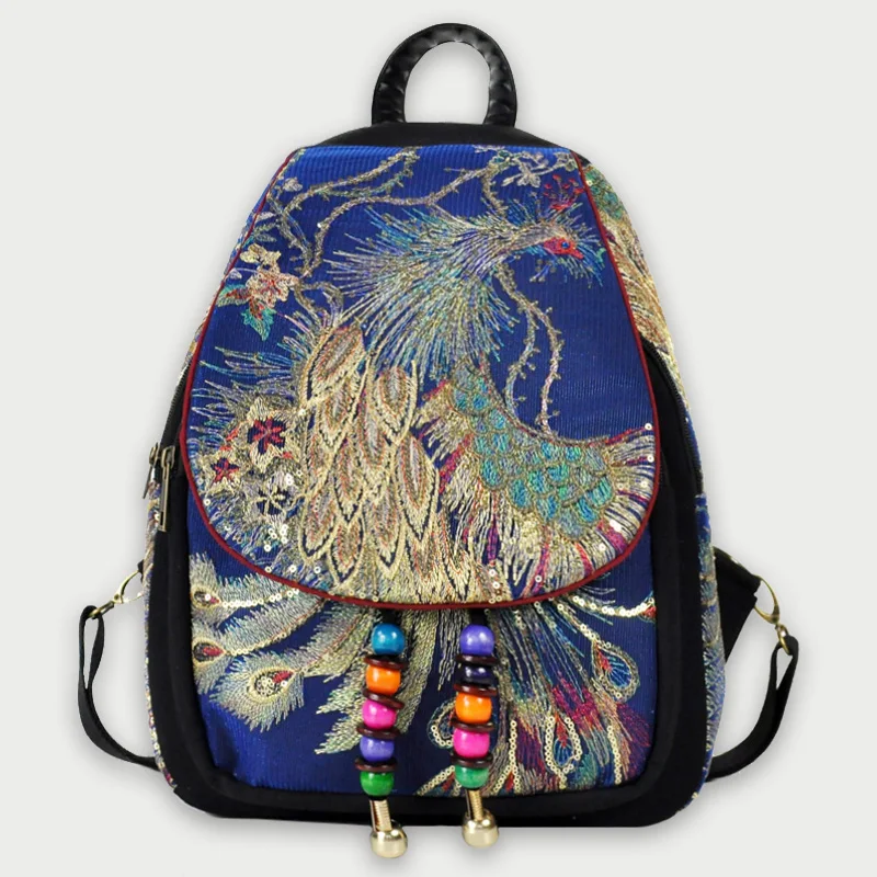 Синий вышитый рюкзак с Фениксом, винтажный тканевый Национальный этнический Вышитый цветочный рюкзак, женский рюкзак для путешествий
