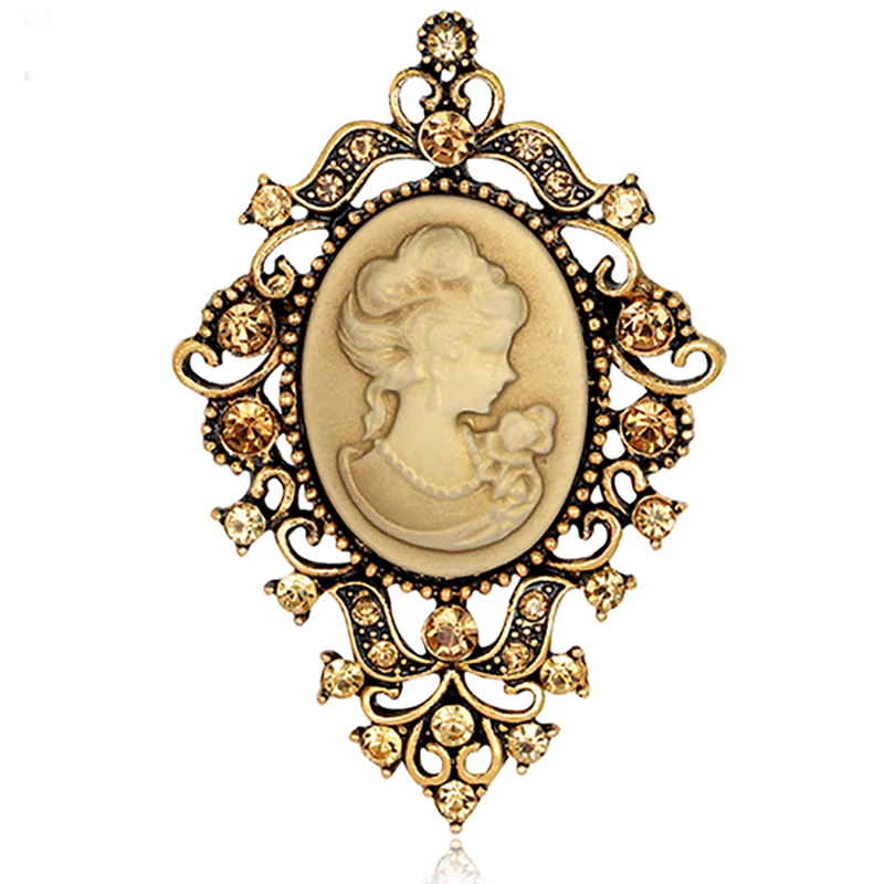 

Vintage Rhinestone Women Head Cameo Brooch Pins Scarf Coat Sweater Clips Lapel Pin Stainless Steel Pins Metal Broches Women