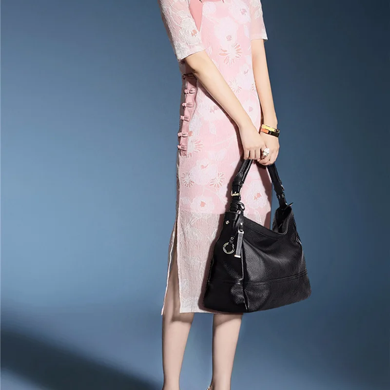 Goedkoop Zency 100% Echt Leer Zomer Beige Handtas Mode Vrouwen Schoudertas Grote Capaciteit Casual Tote Crossbody Purse Zwart Grijs