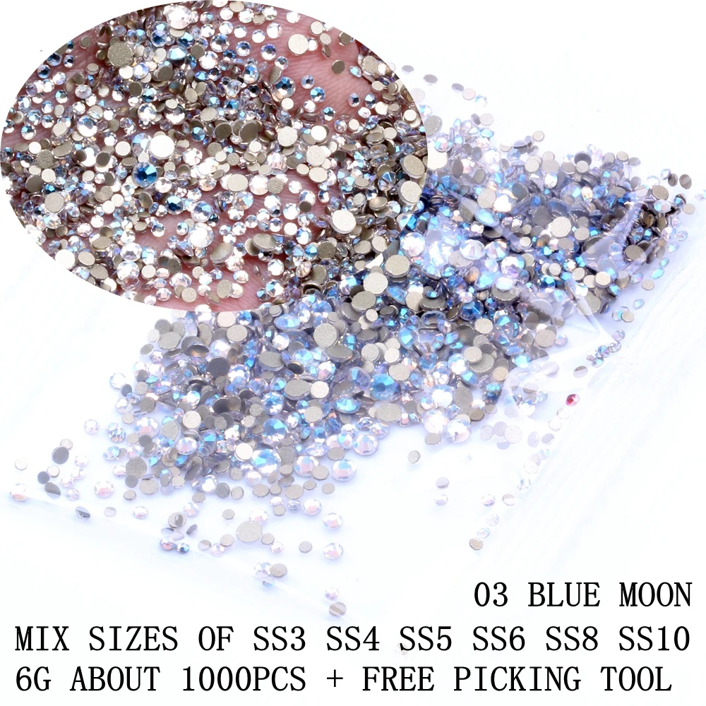 6 г 1000 шт SS3-SS10 хрустальные бусины AB с плоской задней частью ювелирные изделия 3D ювелирные украшения DIY Набор инструментов - Цвет: Blue Moon Color Set