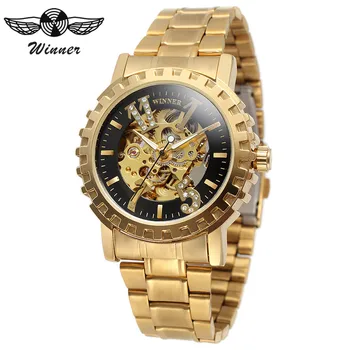 

Classic Elegant Golden Men Mechanical Watches Hand Wind Stainless Steel Bracelet Skeleton Watch Man Fashion Casual Dress Clock