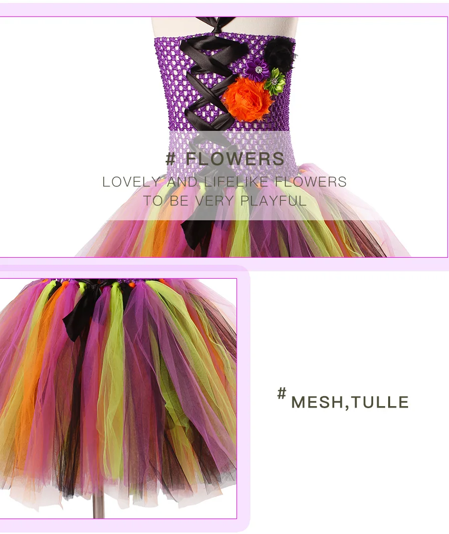 Girls Witch Tutu Dress with Mask Rainbow Style Kids Halloween Costumes Tulle Flower Baby Girl Fancy Carnival Party Tutu Dresses (4)