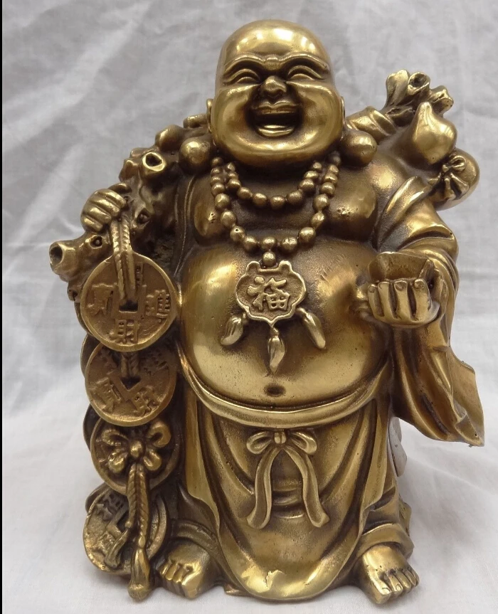 

$old craft$ Chinese Brass Buddhism YuanBao Fu Gourd Coin Happy Laugh Maitreya Buddha Statue