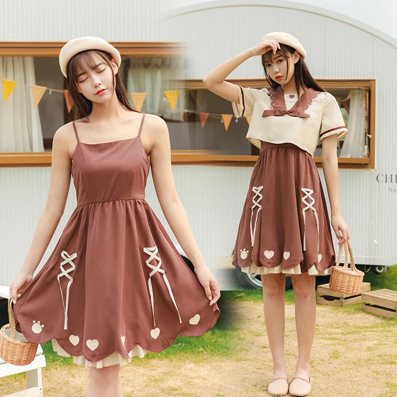 

Two Piece Sweet Cute Love Embroidery Student Dress Fresh Feeling Spaghetti Strap Chic Bow A-Line Girls Dress+short Sleeve Tops