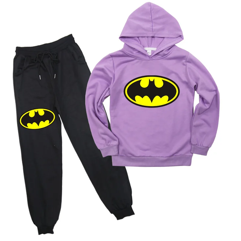 Детская одежда с принтом Бэтмена; одежда из 2 предметов; пуловер для мальчиков и девочек; куртка; пальто; штаны-шаровары; детская верхняя одежда; Спортивный костюм; штаны для бега - Цвет: Фиолетовый