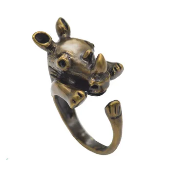 Kinitial 10Pcs Big Lovely Animal Encircle Rhino Ring Rhinoceros Vintage Silver Bronze Animal Ring