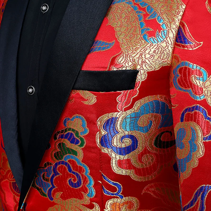 Модная мужская одежда, китайский костюм, сценический Мужской Блейзер, полиэстер, на пуговицах, красный, повседневный пиджак, китайский стиль