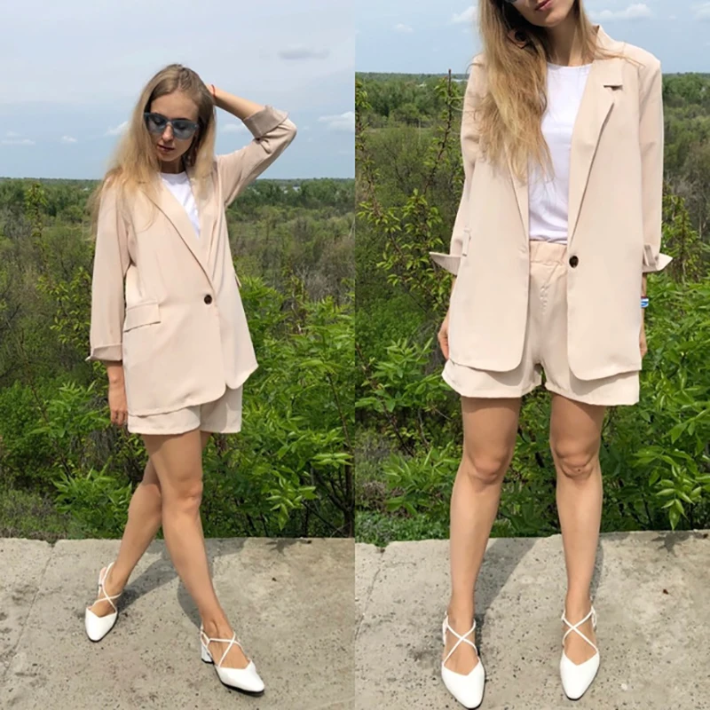 Женский шифоновый костюм двойка весенние летние шорты с длинным рукавом