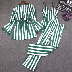 Для женщин пижамные комплекты комплект из 3 предметов Модные топы на бретельках атласные пижамы женские длинный рукав в полоску летняя