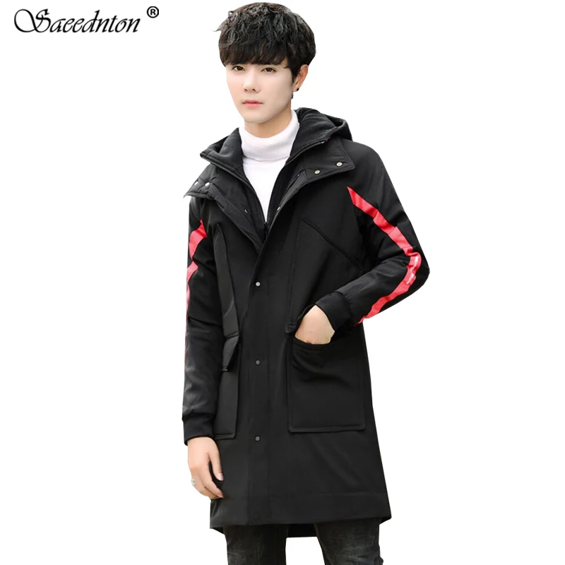Men's Winter Jackets 2019 New Men Fashion Long Thick Warm Cotton Padded Parkas Coat Male Slim Fit Black Red Patchwork Clothing