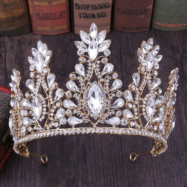 Свадебная Корона-Тиара в стиле барокко, розовое золото, кристалл, большие стразы, диадема, вуаль, тиара, свадебная повязка на голову, аксессуары для волос - Окраска металла: Gold White