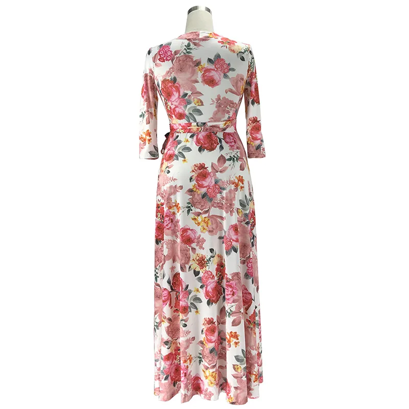 ShejoinSheenjoy New Pink Rose Print Dress Autumn V-Neck Sashes Bow Sexy Women Long Dress A-Line Casual Dresses Ladies Clothing (9)