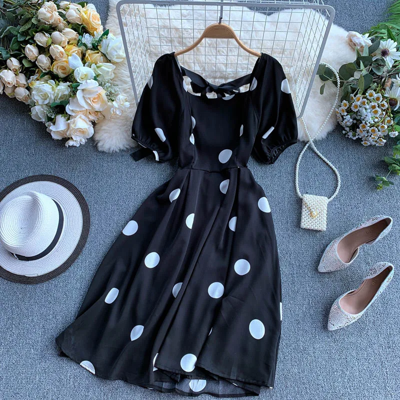 

2019 new fashion women's dresses Retro Polka Dot Dress Square Collar Puff Sleeve
