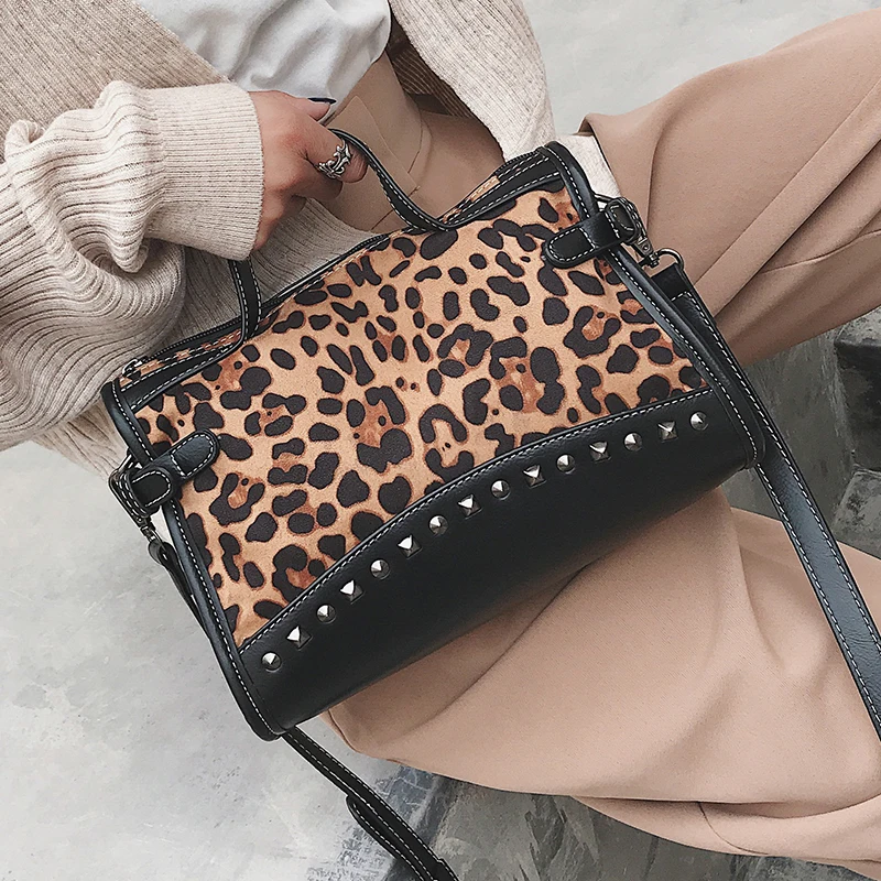 Women's Nubuck Leather Rivet Tote Bag Vintage Ladies Shopping Boston Bag Shoulder Bag Leopard Handbag Crossbody Bag