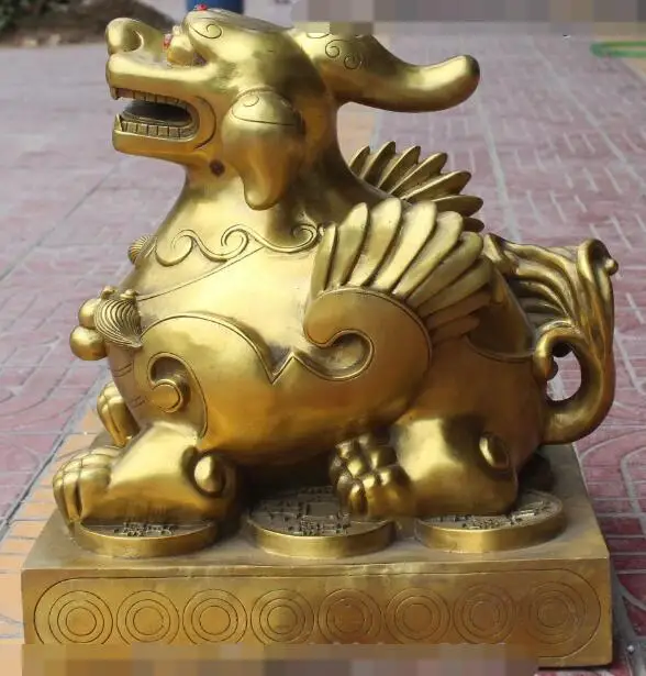 

S01142 18"Chinese Folk Bronze Exorcism Fly Beast Pi Xiu Unicorn Wealth Money Statue Set B0403