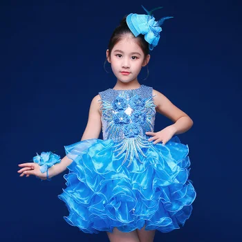 

Free ship childrens girl pink/purple/blue/yellow ruffled stage performance ballet tutu dress