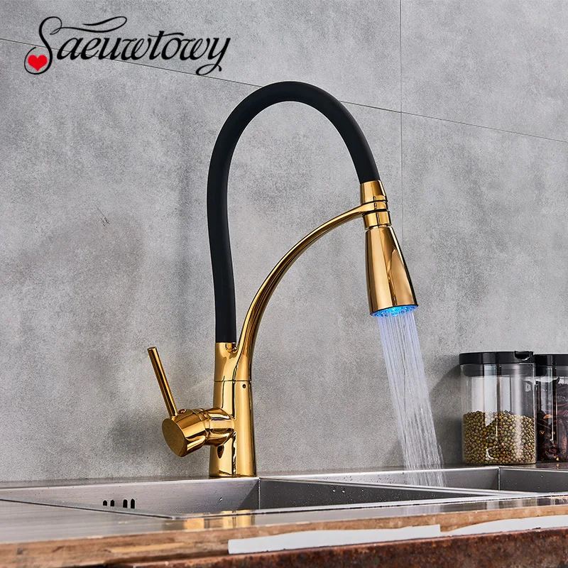 

Saeuwtowy Gold or ORB Kitchen Sink Faucet Hot and Cold Mixer Taps Deck Mounted Black Rubber Hose LED or not