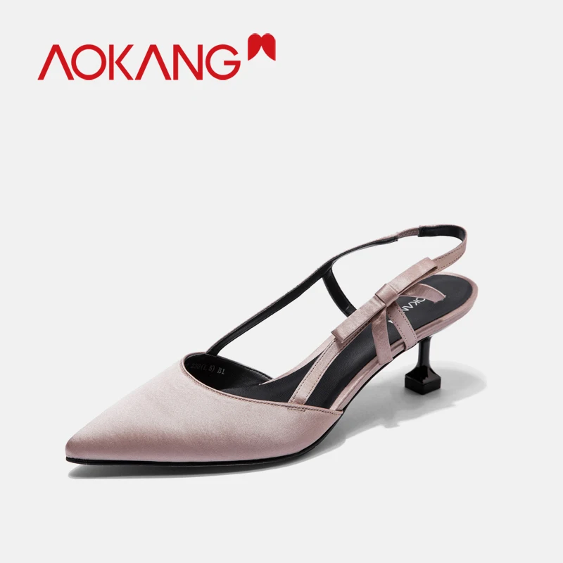 

AOKANG 2019 Woman Shoes Sandalias High Heels Pointed Sandals Sexy Female Summer Fashion OL Shoes Slide Bowtie Mujer Zapatos Muje