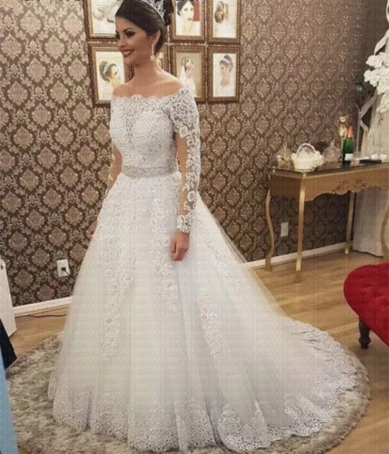 Новое свадебное платье 2 em 1 Vestido De Noiva со съемным шлейфом Casamento Свадебные платья с аппликацией и тюлевыми рукавами телесного цвета