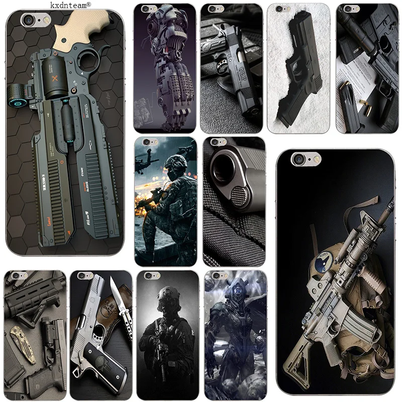 

For iPhone 8 7 6 6S Plus X 5 5S SE 5C 4 Shell Anti-knock Coque Army Fan Weapons Guns Soft TPU Silicon Phone Case Anti-knock Cove