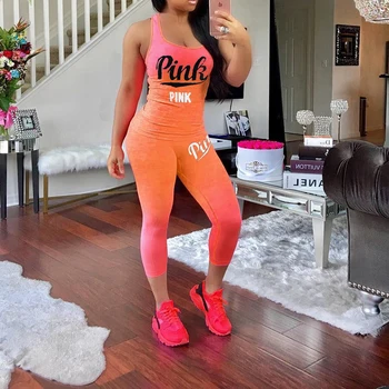 

Summer Casual Sexy 2 Piece Outfit Women PINK Letter Print Tanks Top And Fit Length Pants Gradient Fitness Suits Plus Size XXXL