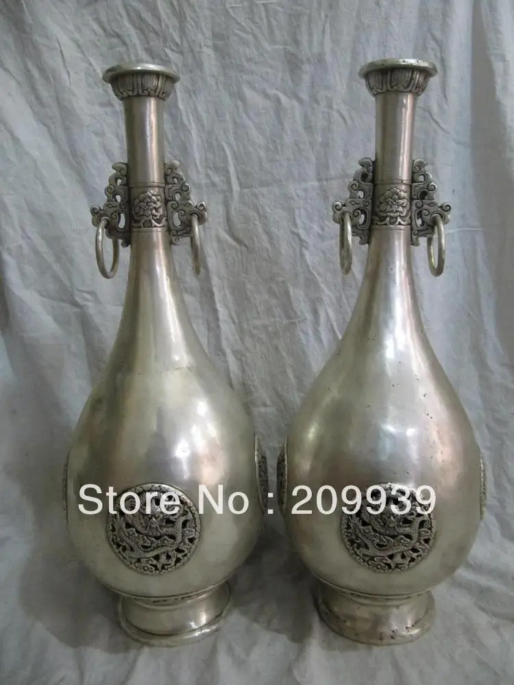 

Hd0032 pair pure bronze silver plating hollow out carvings four side dragon vase statue