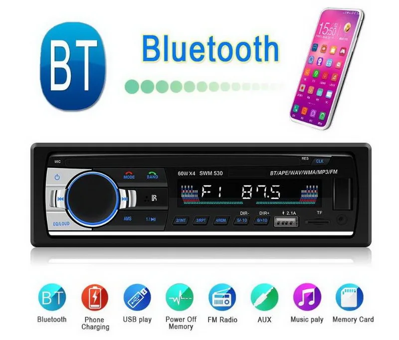 1 Din Bluetooth In Dash 530 Стерео FM DC 12V USB 2.1 Пульт дистанционного управления RCA AUX MP3 Audio Player Поддержка громкой связи