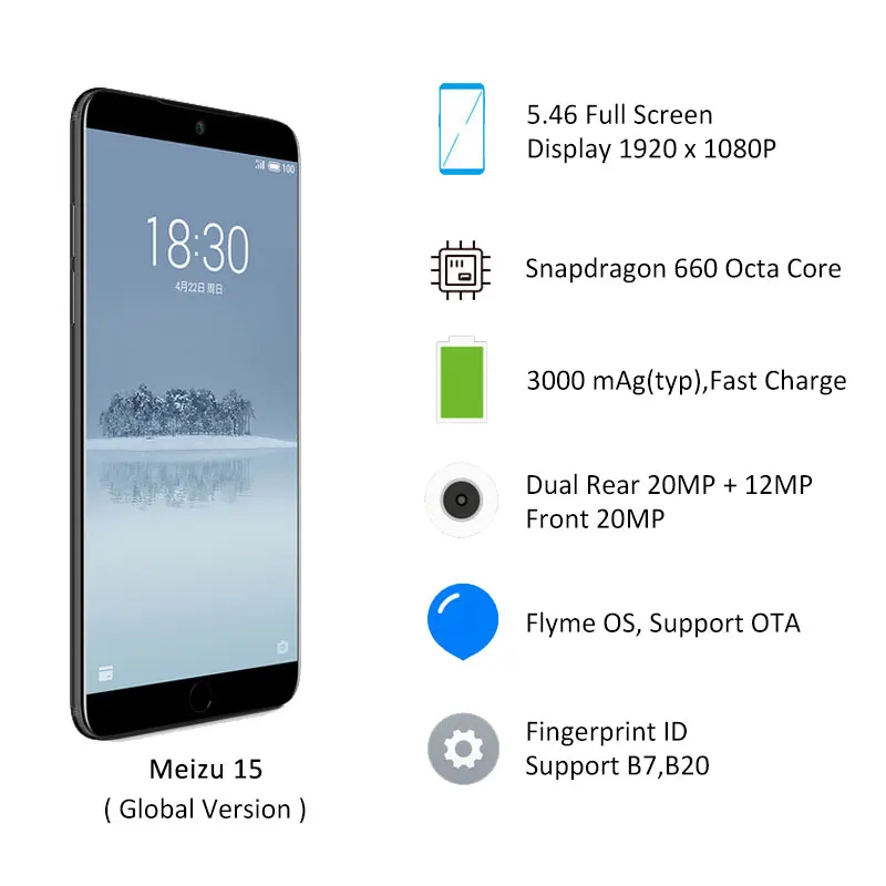 Оригинальный Meizu 15 4 ГБ ОЗУ 64 Гб ПЗУ глобальная версия Смартфон Snapdragon 660