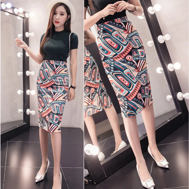 New Style Lady Skirt Long Floral Printed Boho Skirts Womens Elegant Casual High Waist Knee Length Work Short Skirt Plus Size 2XL Skirts