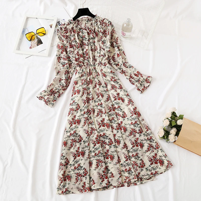 

2019 New Spring Summer Bohemian Print Dress Casual Cute Women floral Long Bowknot Draped Dresses Long Sleeve Vestidos LU797