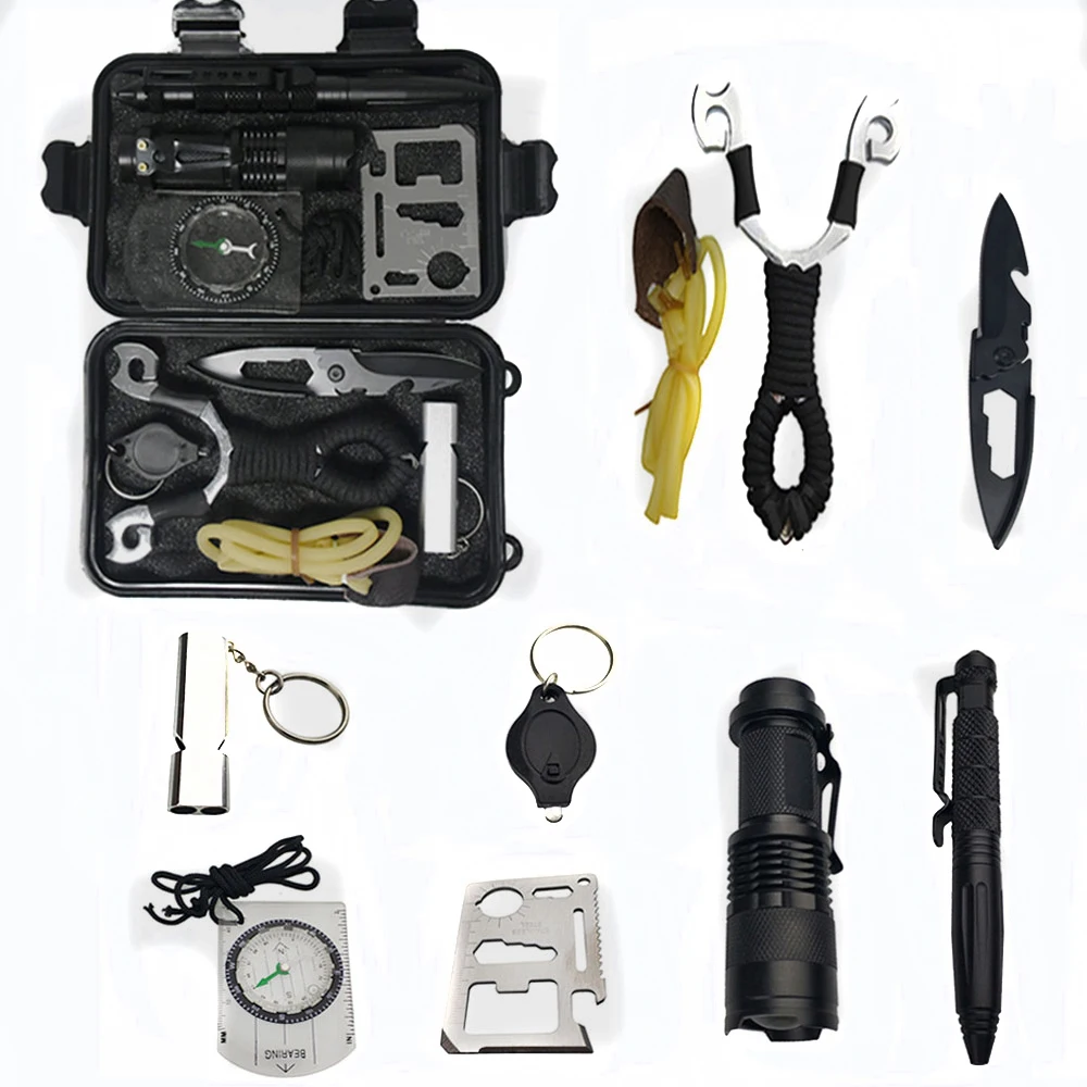 

10 in 1 survival kit Set Outdoor Camping Travel Multifunction First aid SOS EDC Emergency Supplies Tactical+slingshot