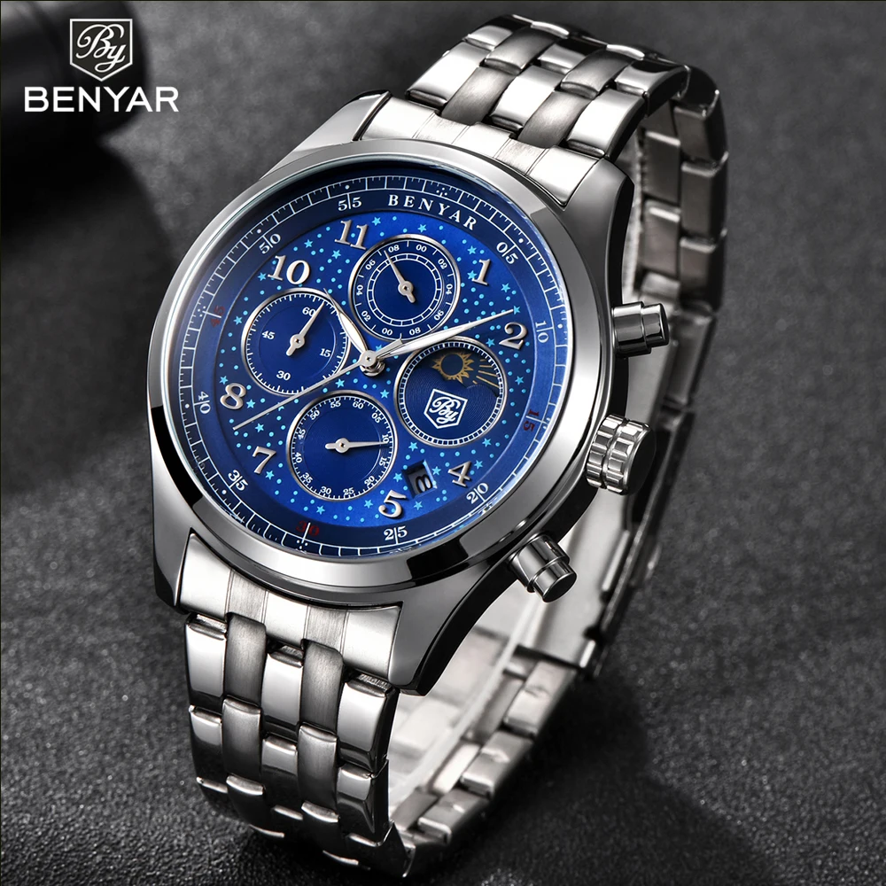 Новые Benyar мужские часы moon phase кварцевые роскошные полностью из нержавеющей стали
