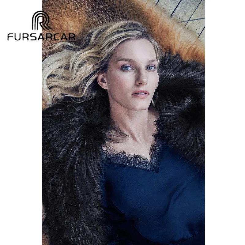 Fursarcar 2018 зима Для женщин Настоящее Шуба черный Стиль натурального Меха чернобурки модные теплые женский пиджак 100 см длинные пальто с мехом