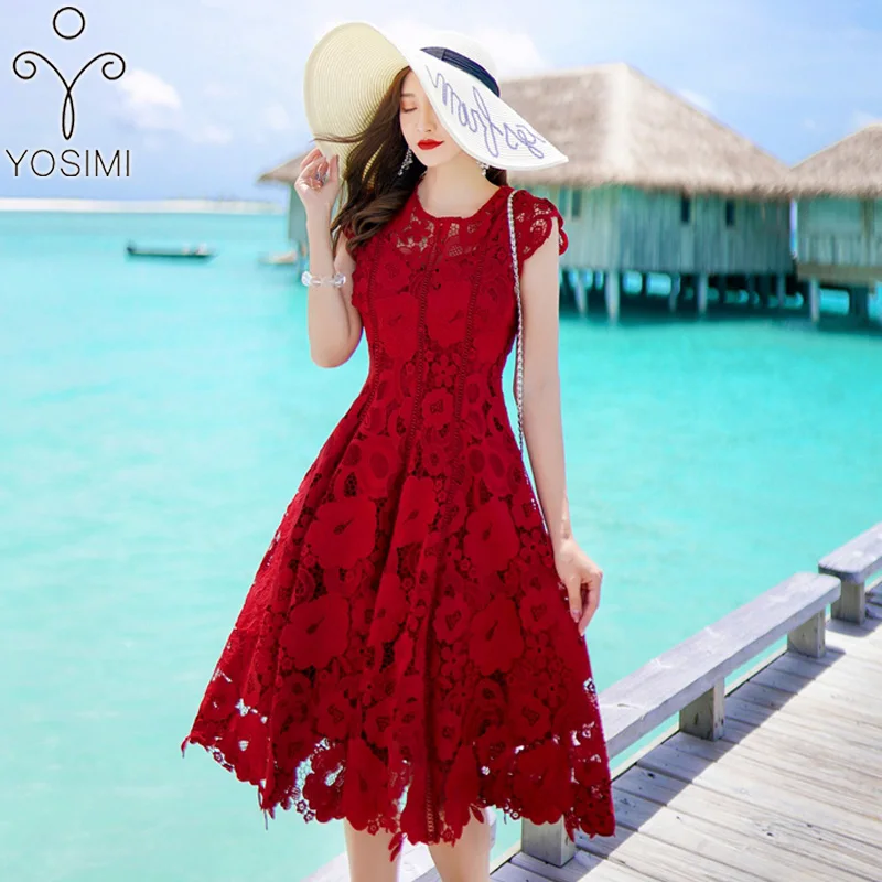 

YOSIMI Summer Dress 2019 Red Lace Mid-Calf Women Dresses O-Neck Sleeveless Sexy Office Lady Evening Party Dress Female Vestidos